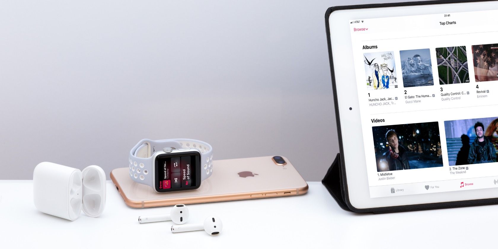 iPad, Apple Watch, and AirPods with Apple Music