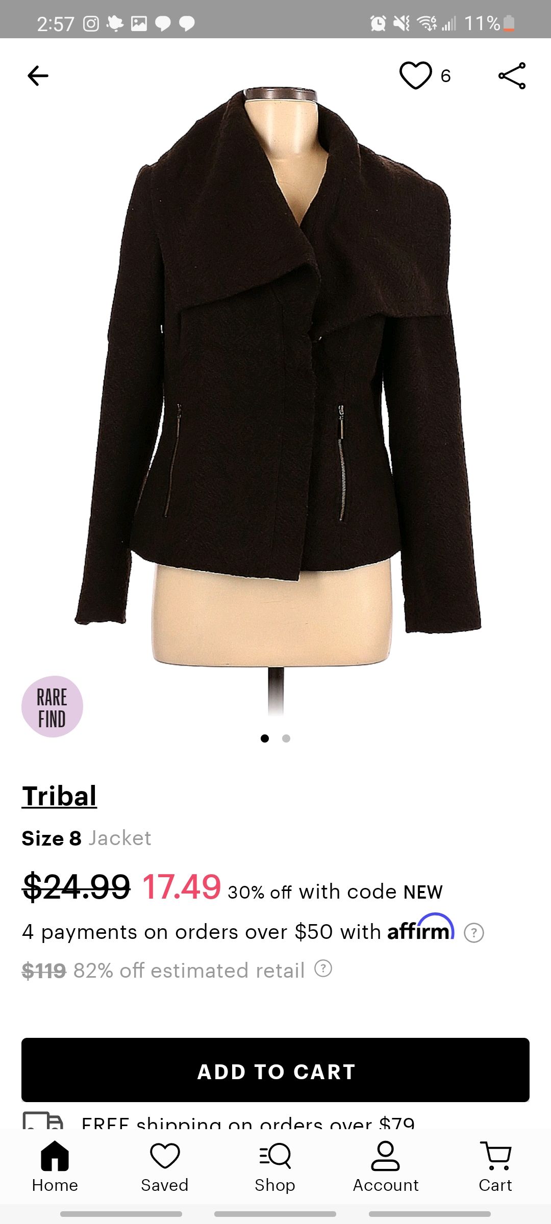 thredup app showing a used black tribal jacket from georgia for sale
