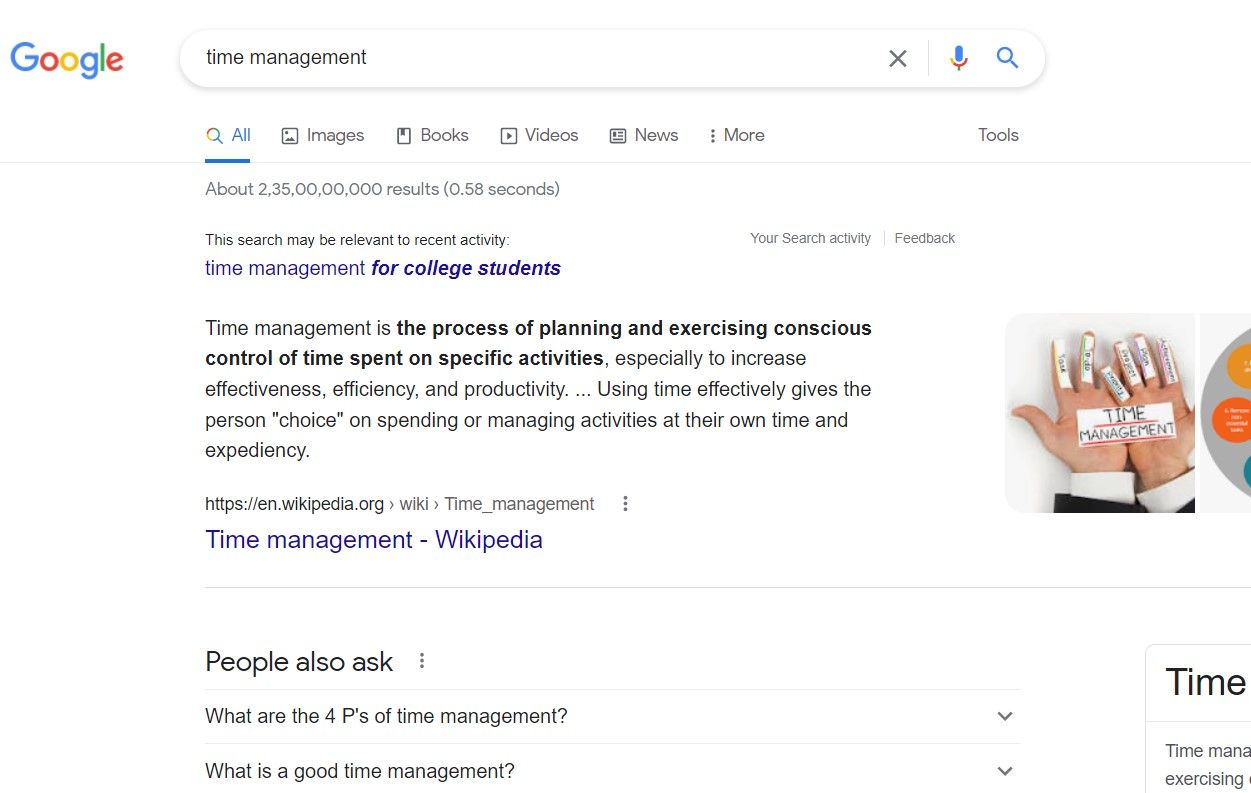 time management Google search results screenshot