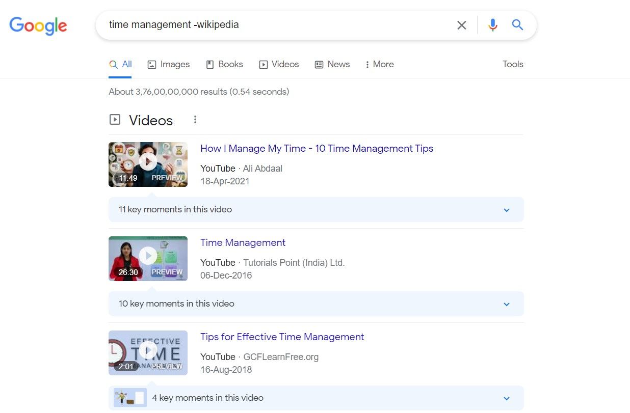 time management Google search results with minus sign 