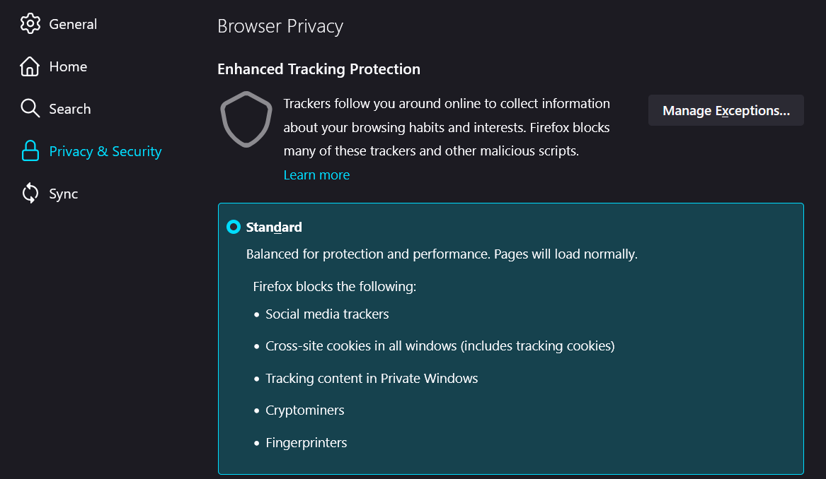 Tracking Protection on Firefox Browser Privacy Settings