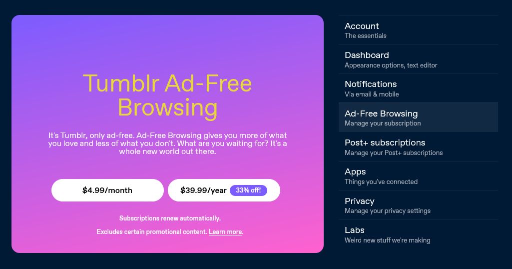tumblr ad free browsing