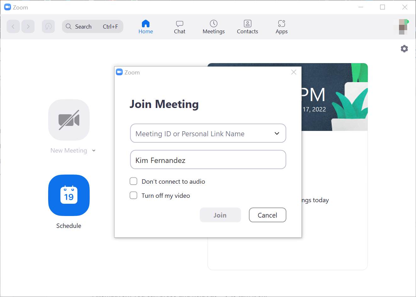 Join a Zoom meeting menu