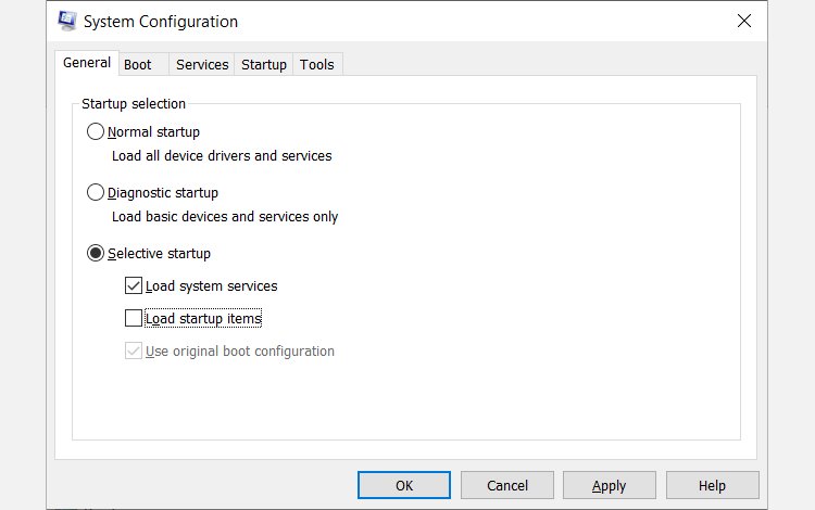 general tab for msconfig