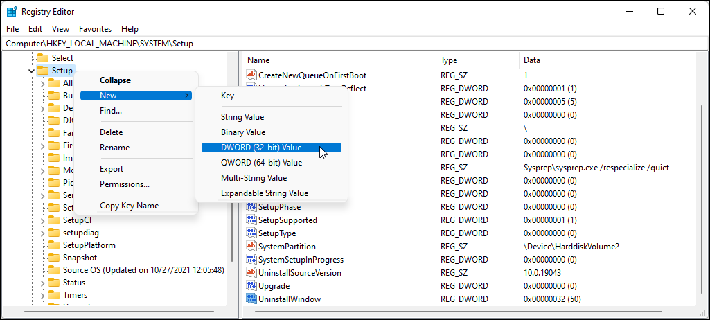 uninstall window DWORD 32 bit value Setup key registry editor