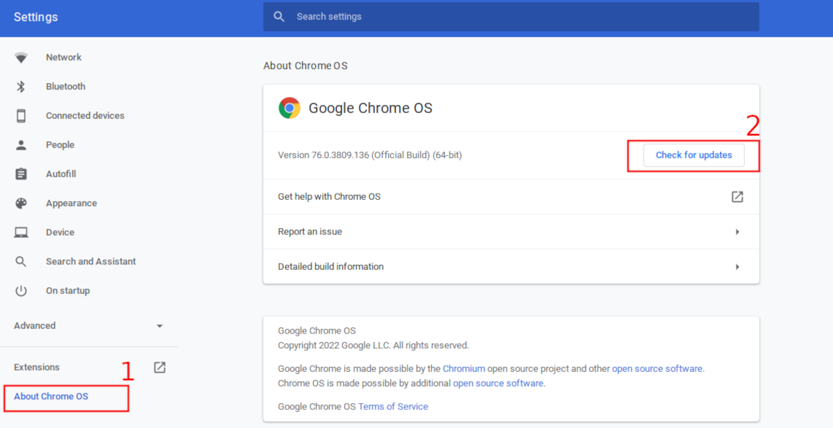 updating chrome os in the setting menu