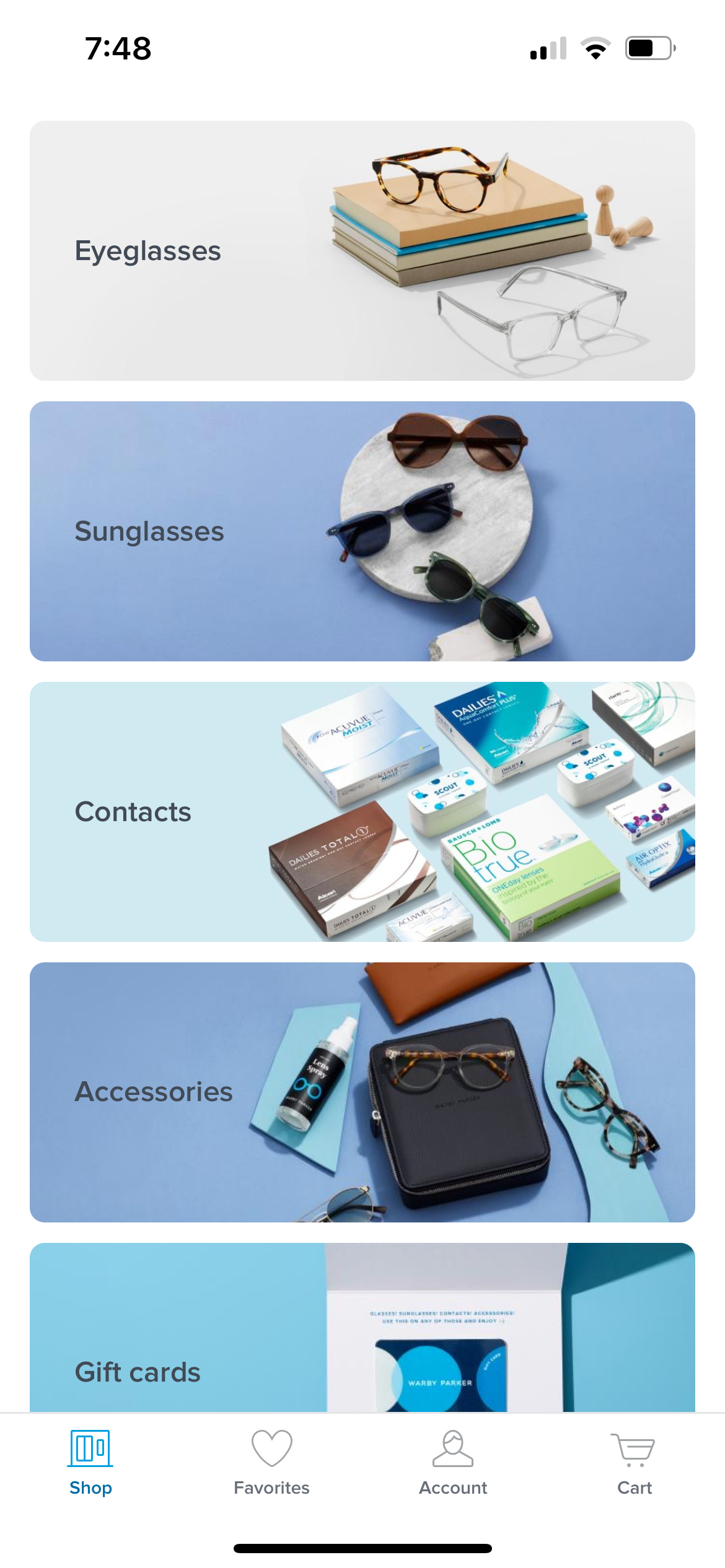 warby parker app product categories