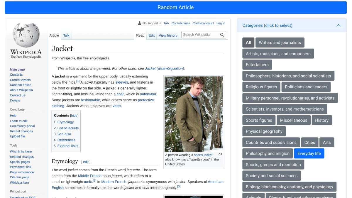 WikiStroll improves Wikipedia's "random article" feature by letting you choose from categories of interest