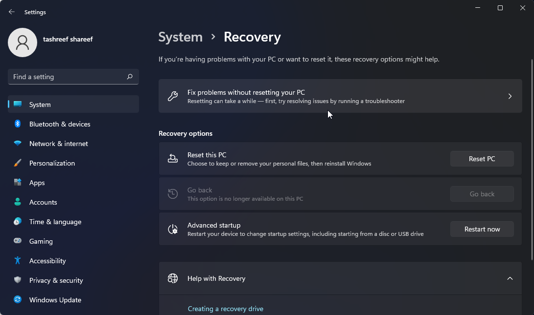 Windows 11 recovery startup settings