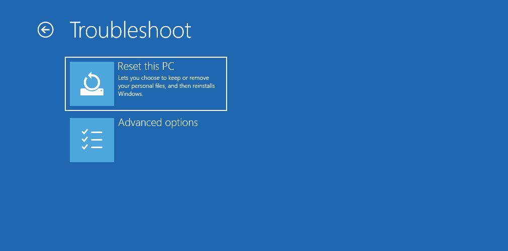 Troubleshooting menu in Windows Advanced Startup Options