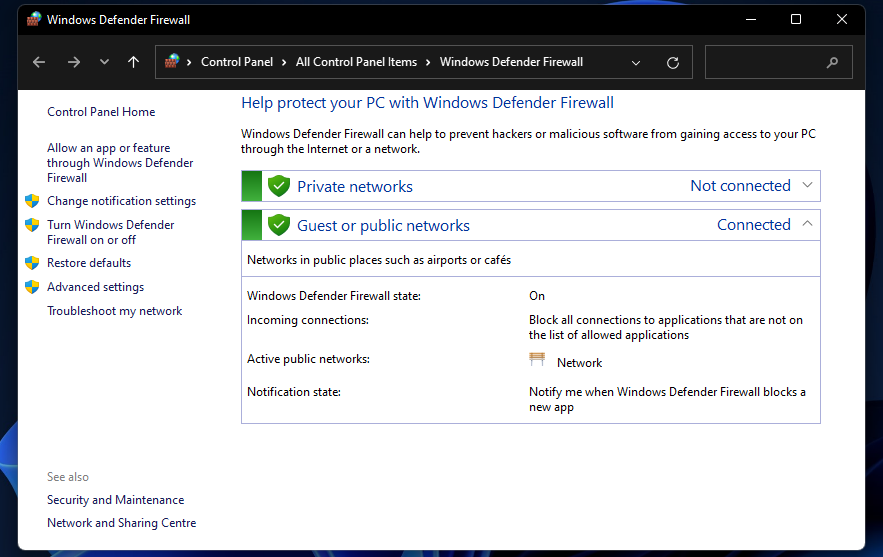 پنجره فایروال Windows Defender