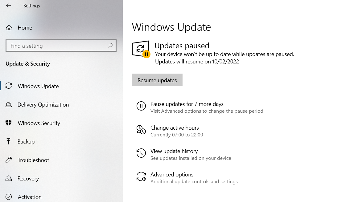 Pause Windows update