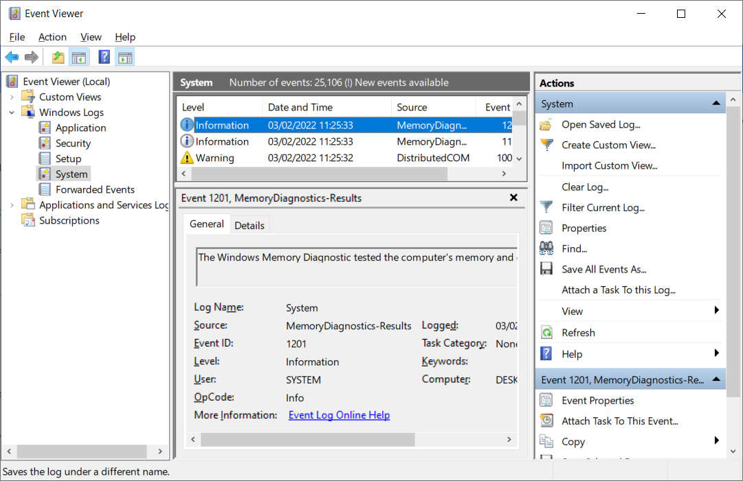 windows memory diagnostics results system log