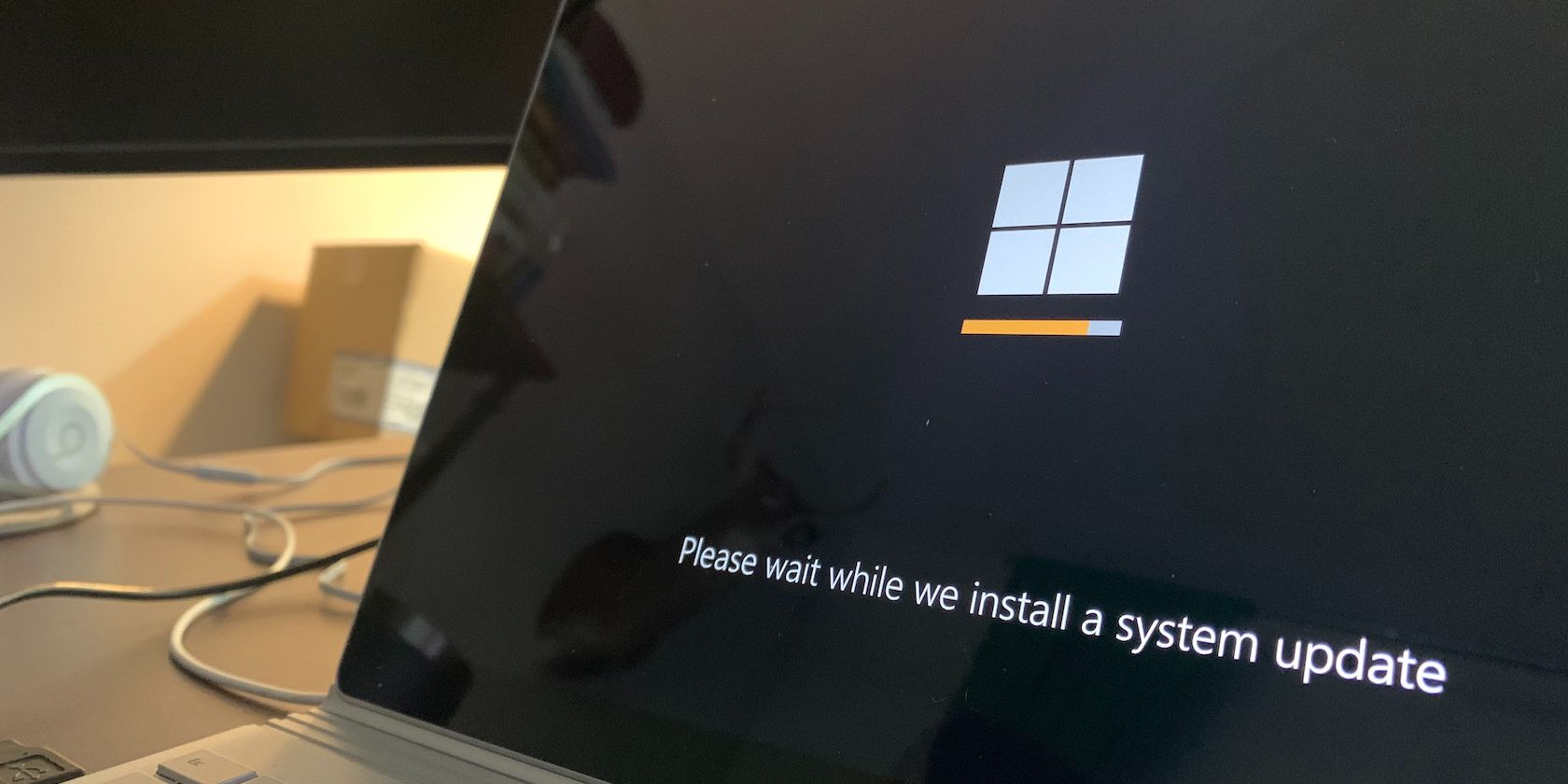 A laptop screen showing a windows update