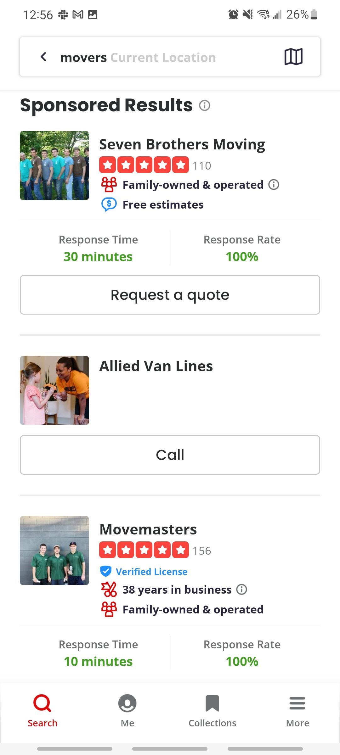 yelp app results searching for movers near me