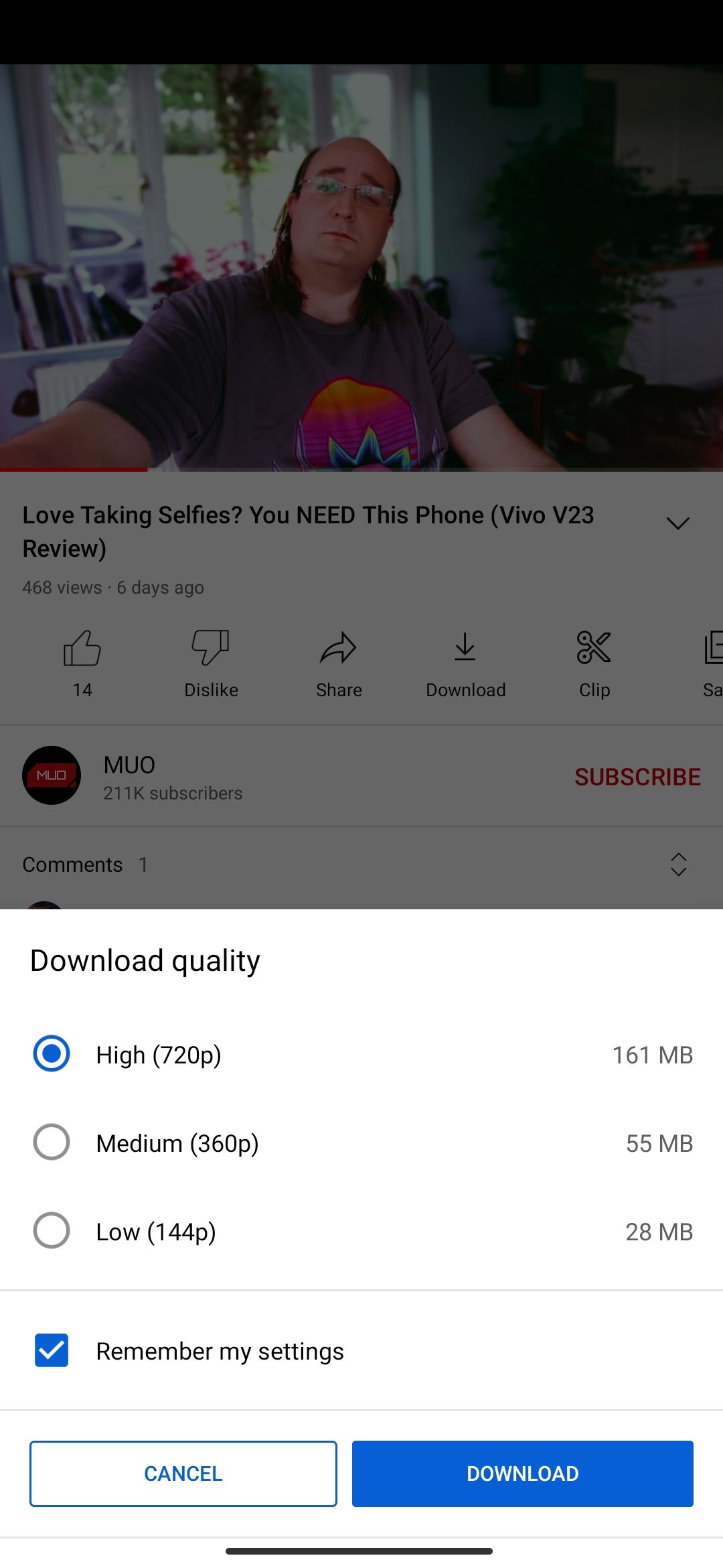 Selecting video download quality on YouTube