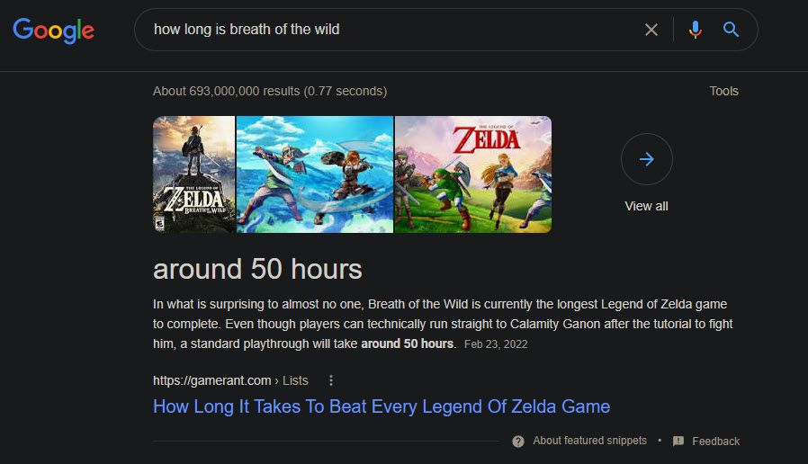 Google Search How Long To Beat Zelda Breath of the Wild