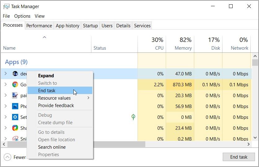 Closing an active task via the Task Manager