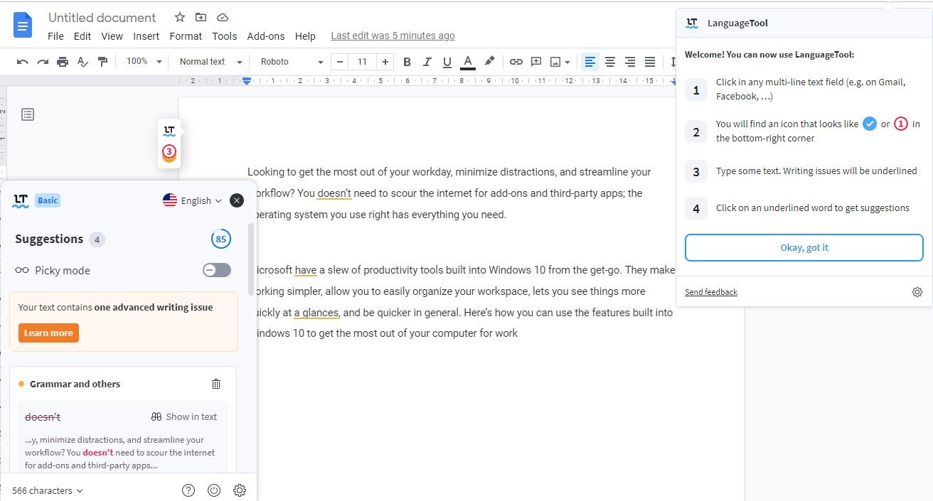 Language Tool Extension Working in Google Docs in Opera Browser