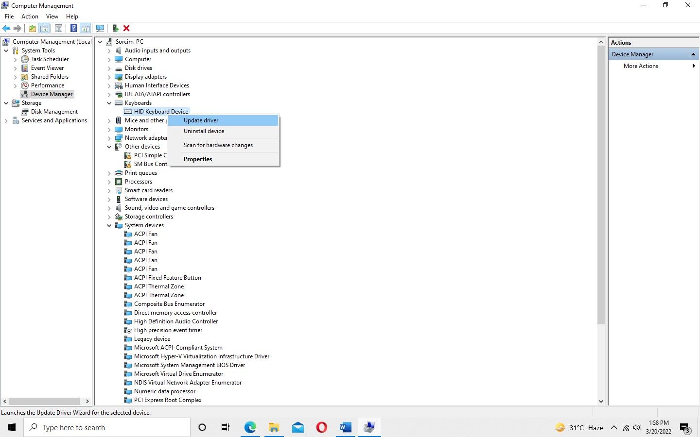Actualización del controlador del teclado en la configuración del administrador de dispositivos de Windows