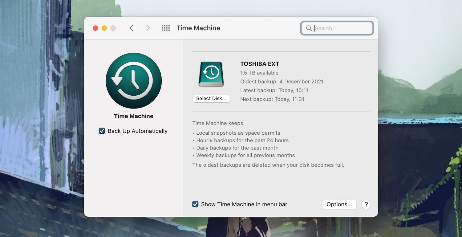 Time Machine settings on Mac.