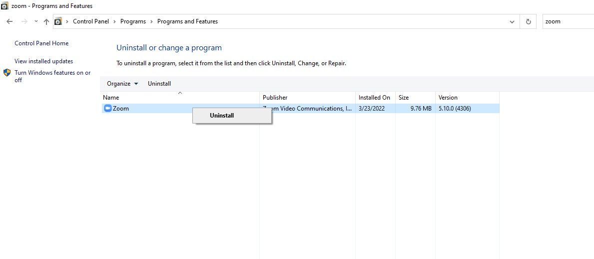 حذف نصب برنامه Zoom در کنترل پنل ویندوز