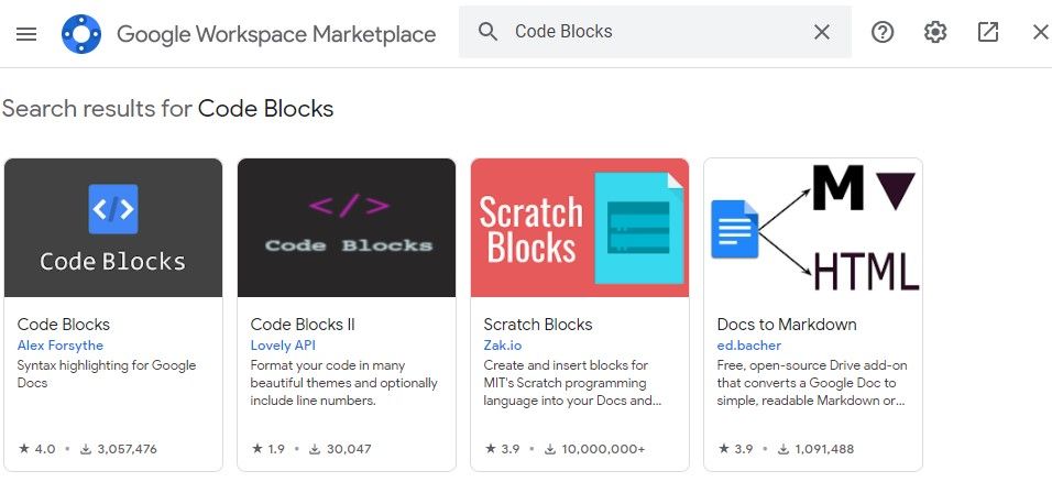 جستجوی افزونه Code Blocks در Google Workspace Marketplace