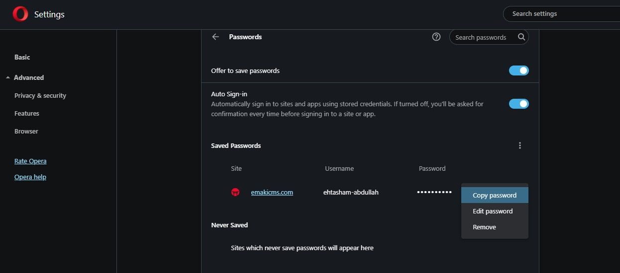 Tweaking Save Password Settings in Opera Browser