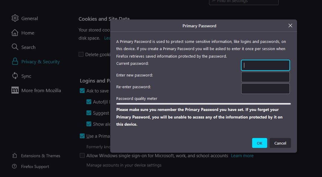 Adding Primary Password in Firefox Password Settings