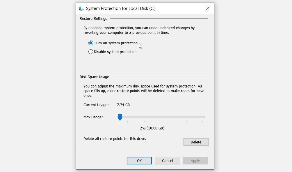 Configuring the System Protection Settings