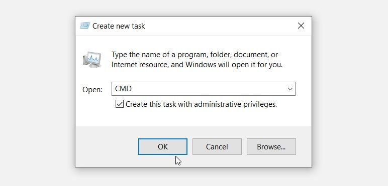 Opening an elevated Command Prompt via the Task Manager