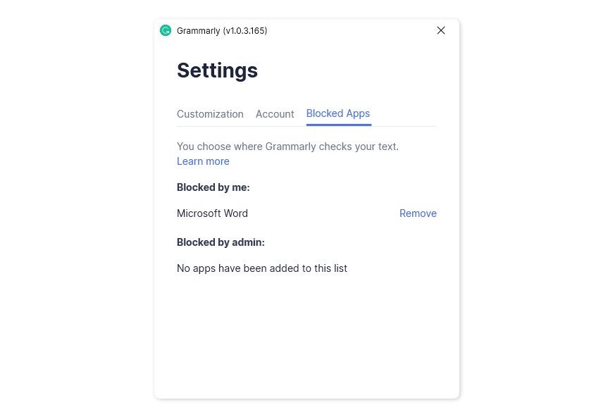 Removing Microsoft Word From the Blocked Apps List of Grammarly App