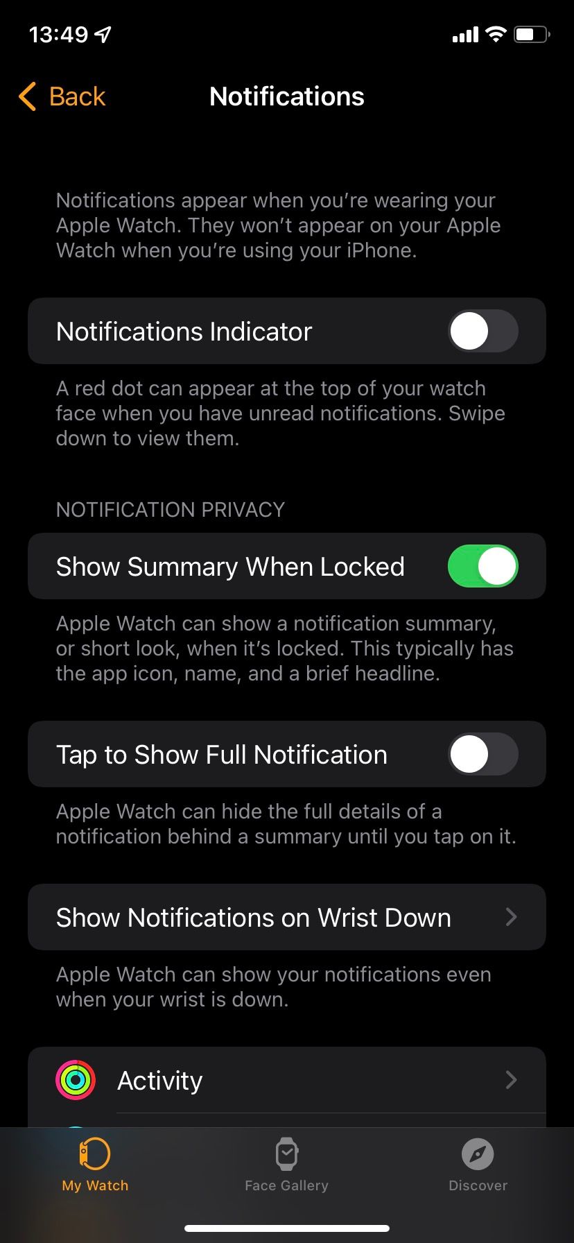 Notifications options for Apple Watch.