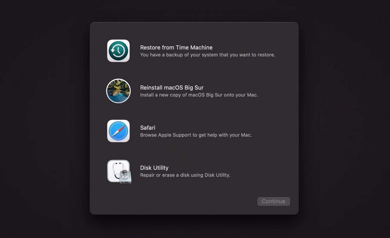 The macOS recovery menu.