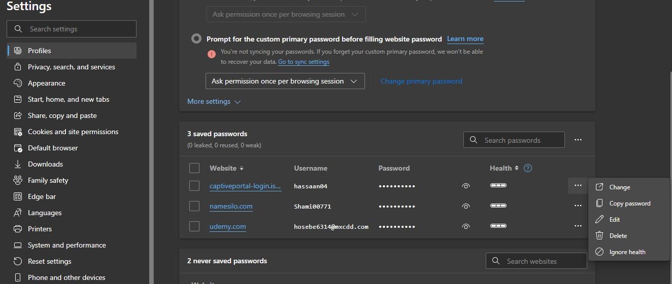 Changing the Already Saved Passwords in Microsoft Edge Password Settings