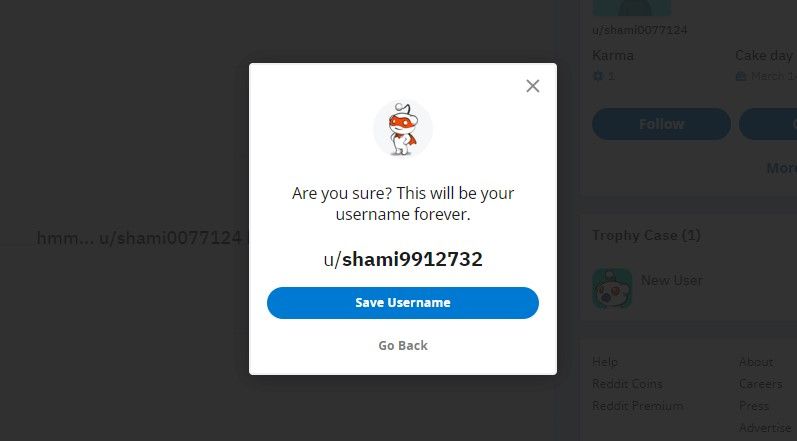 کادر تأیید برای تأیید تغییر نام کاربری Reddit