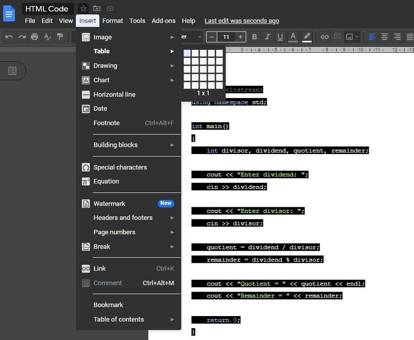 درج جدول 1X1 در Google Docs