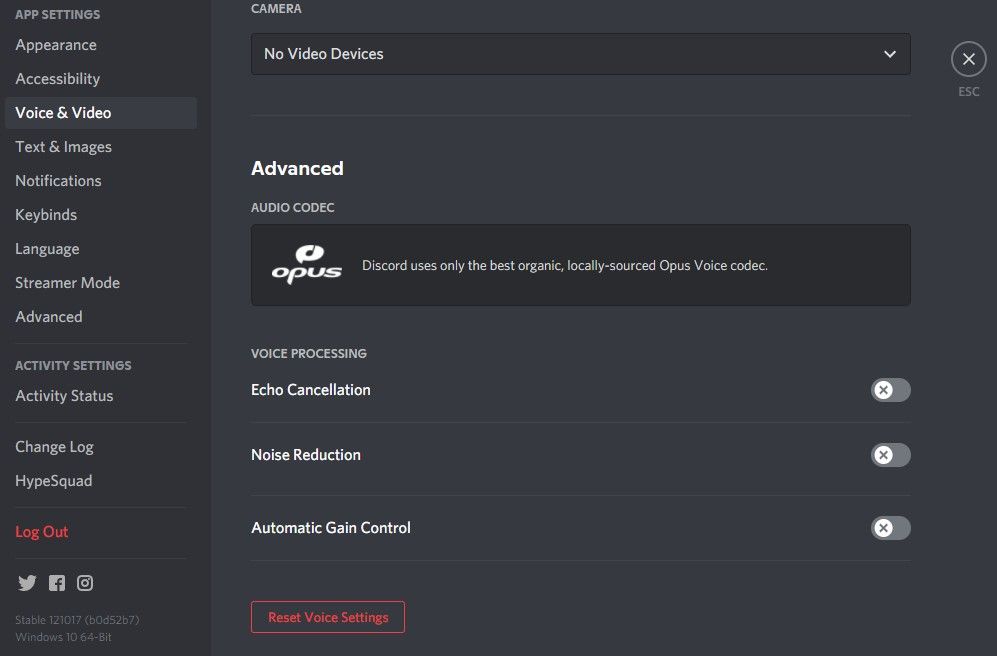 خاموش کردن تنظیمات پیشرفته صدا در تنظیمات صوتی و ویدیویی Discord Web Client