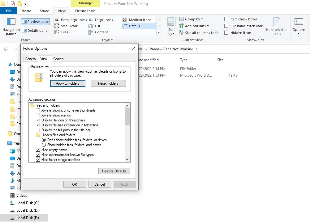 Mematikan Selalu tampilkan ikon, jangan pernah gambar mini Opsi di Tab Tampilan pada Jendela Opsi Folder di File Explorer