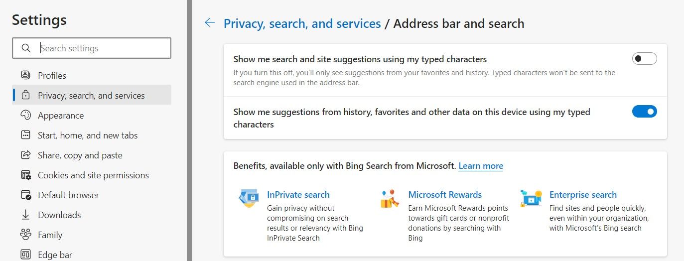 خاموش کردن گزینه پیشنهادات جستجو در تنظیمات حریم خصوصی مرورگر Edge
