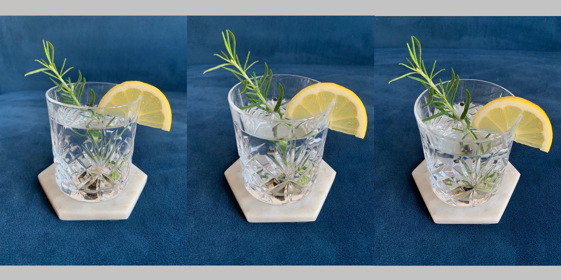 Three images of a cocktail glass taken at different angles at roughly 30-degrees, 45-degrees and 60-degrees.