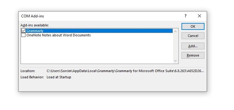 Removing Grammarly From COM Add-ins in Microsoft Word