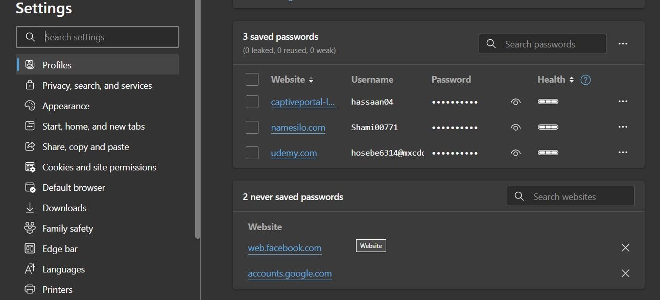 Removing Websites From Never Saved Passwords List in Edge Password Settings