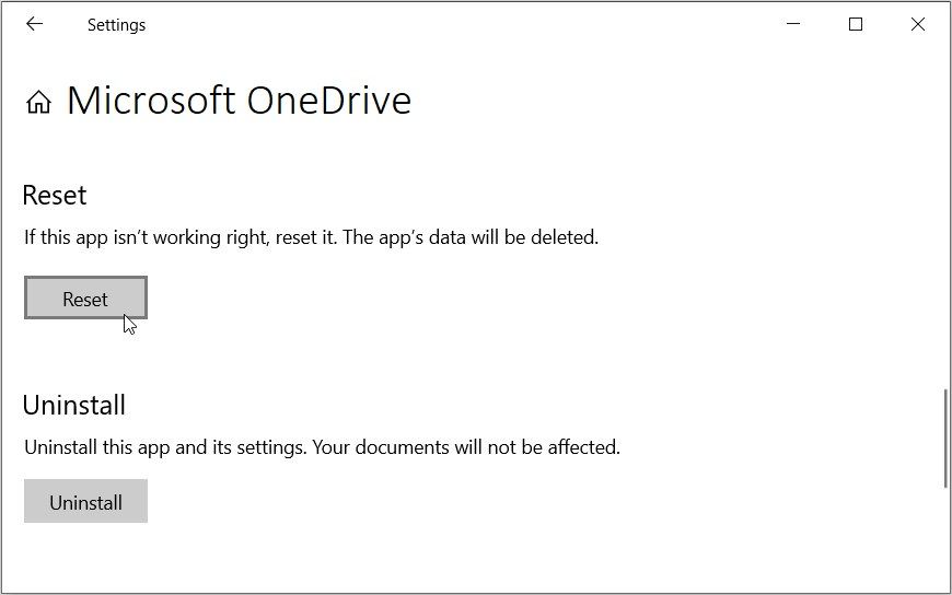 Resetting the OneDrive App