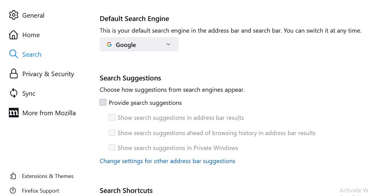 Turning Off Search Suggestions in Firefox Browser Settings