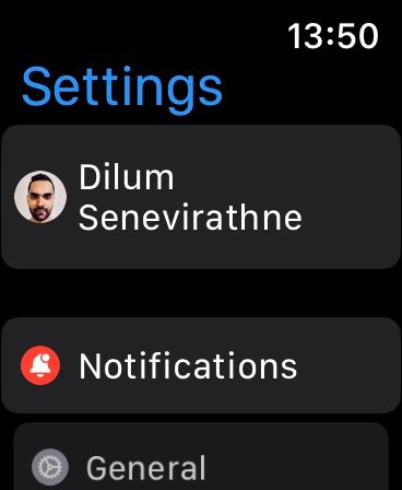 Settings app on Apple Watch.