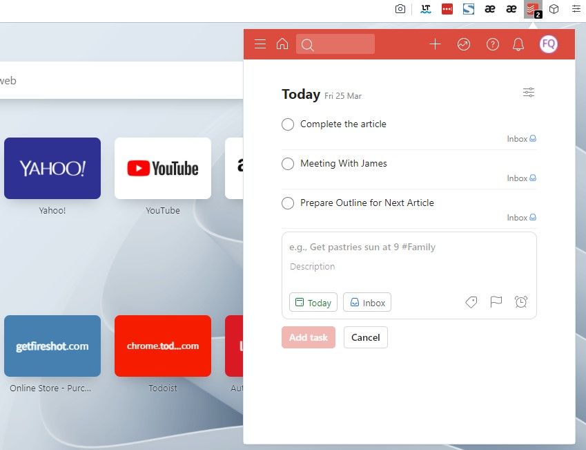 Todoist Extension in Action in Opera Browser