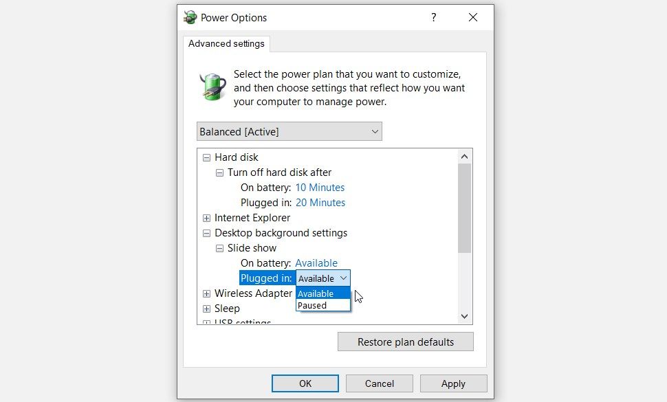 Configuring Desktop Settings via the Power Options Settings 