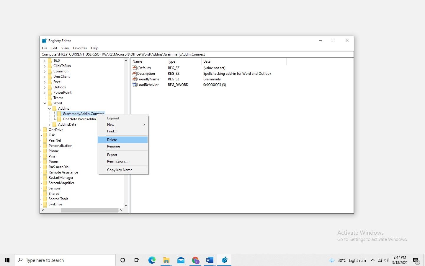 Deleting Grammarly Add-in Registry Key in Windows Registry Editor