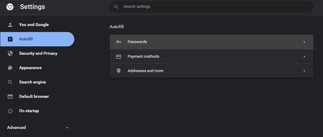 Passwords Option in Autofill Chrome Settings